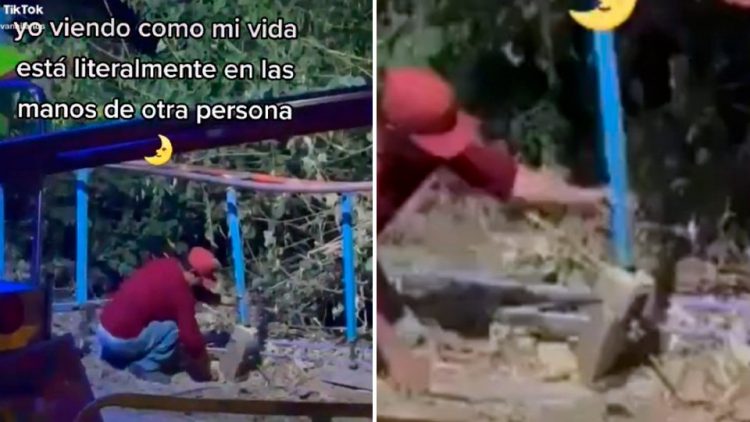 VIDEO | Hombre repara juego mecánico en movimiento con un pedazo de madera
