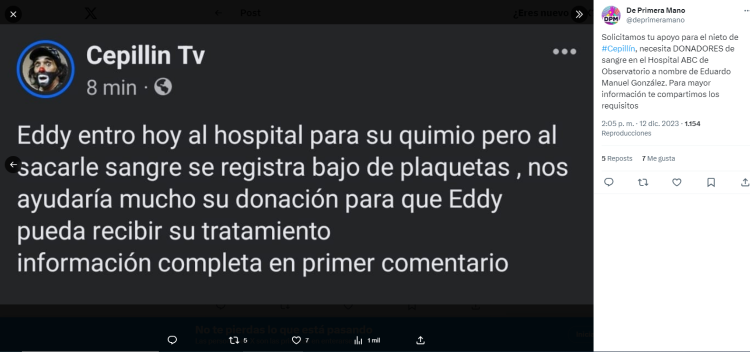 Nieto de Cepillín es hospitalizado, piden donadores de sangre
