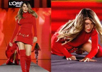 Belinda protagoniza aparatosa caída durante un desfile en París