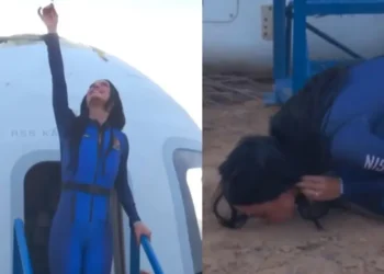 Katy Perry viaja al espacio con tripulación femenina y besa el suelo al volver