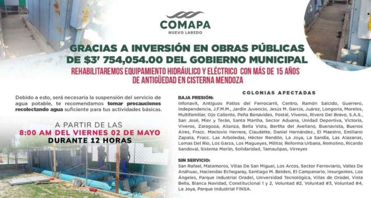 Rehabilitarán Cisterna Mendoza; habrá suspensión de agua y baja presión