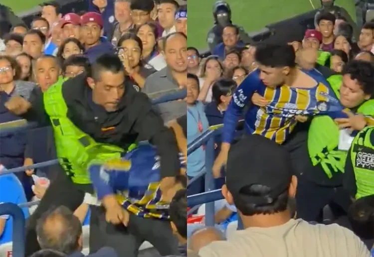 ¡Pelea en las gradas! Policía y aficionado se agarran a golpes en partido de Liga MX