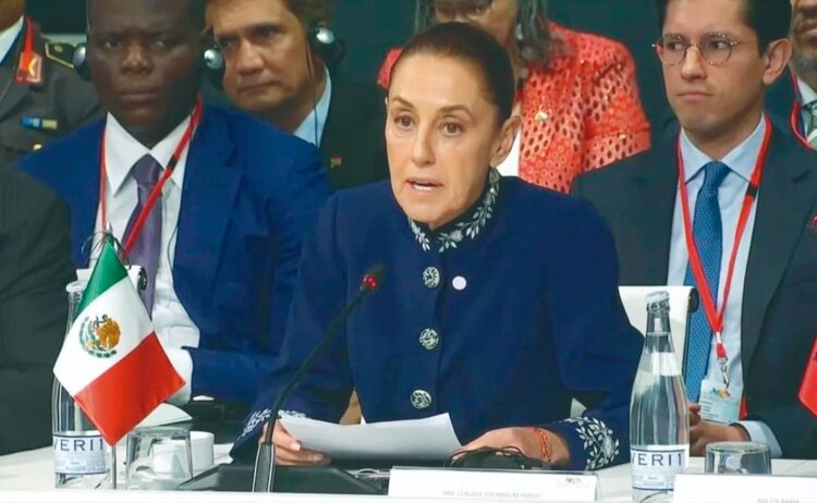 CUMBRE POR LA DEMOCRACIA EN ESPAÑA Sheinbaum: que 10% de gasto en armas vaya a reforestación